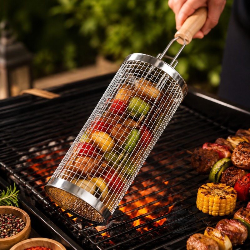 Camping Cooking Device - 원형 바베큐 그릴 바구니 세트 스테인리스