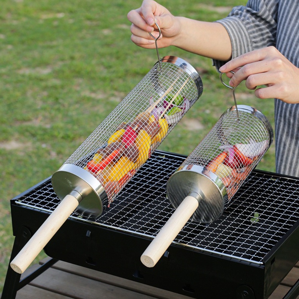 스테인리스 스틸 롤링 바베큐 그릴 바스켓, 나무 손잡이 - Camping Cooking Device 리뷰 및 가격